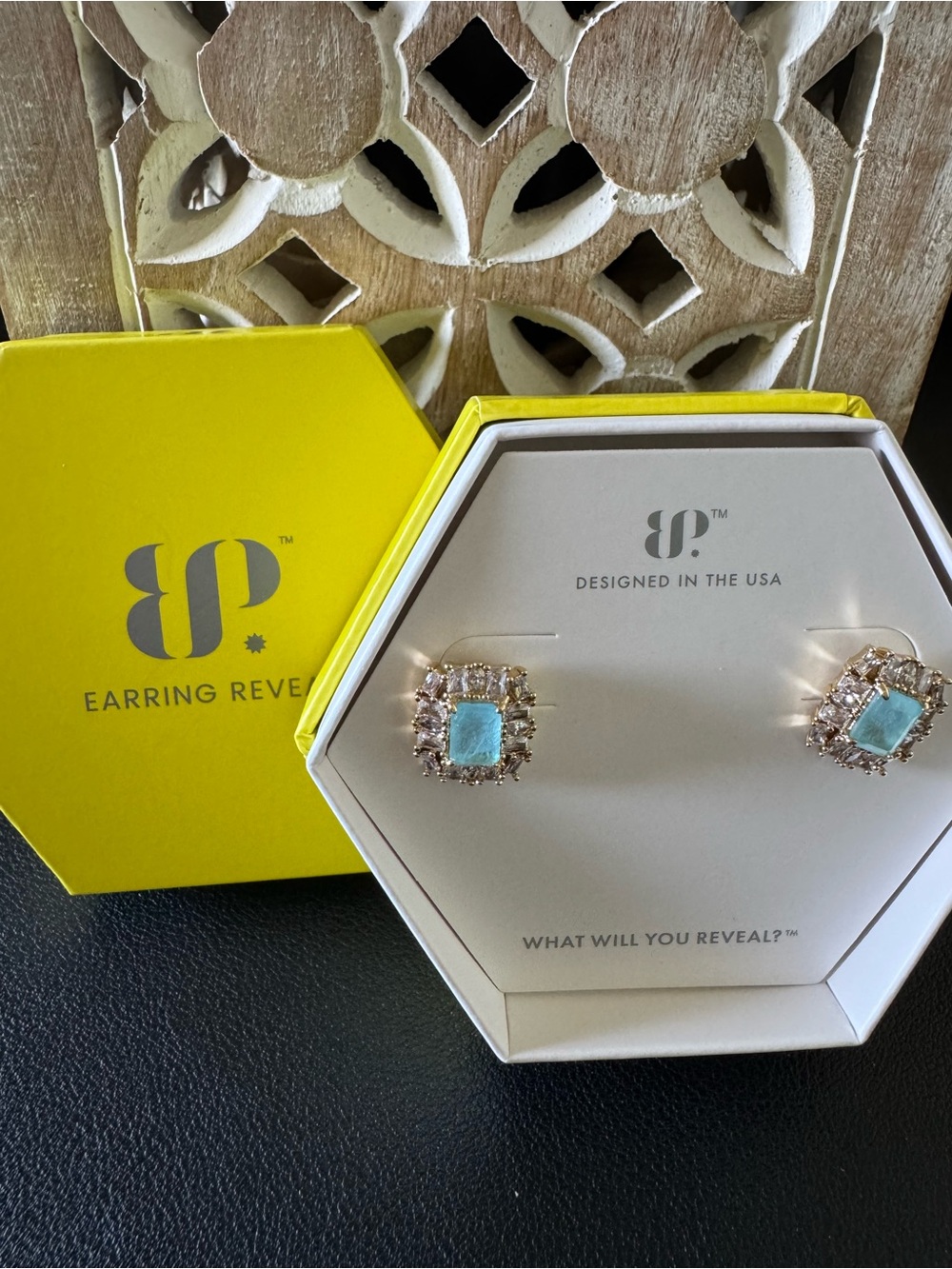 Gold-Tone Stud Earrings with Aqua Blue Center